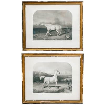 The image displays a pair of framed black and white horse engravings each featuring a horse in different poses The frame has
