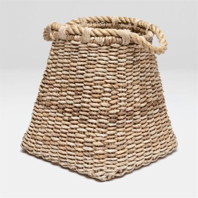 Side view of volcano basket made from banana bark and sisal, featuring woven pattern with natural tones.
