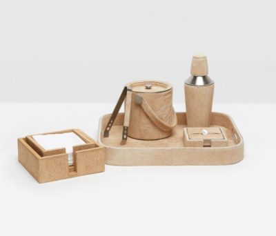 Cowhide bar accessories including a tray with inset handles available in white tan and grey an ice bucket with tongs a cocktail