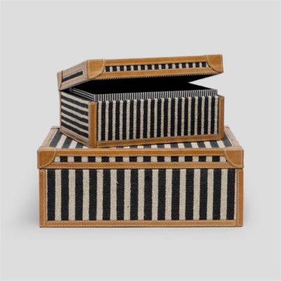 A pair of luxury navy and white canvas boxes with leather detailing one large and one small presented on a plain surface