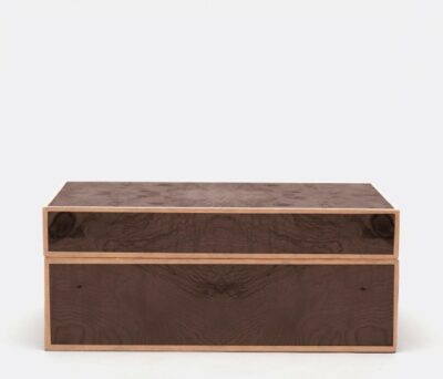 Large Shelter Veneer Box in Walnut with Contrasting Trim, Side Profile.