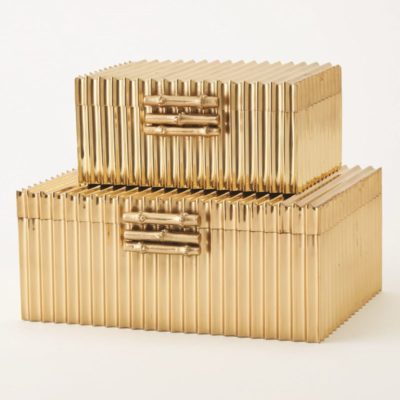 Gold brass bamboo box with handle, available in small and large sizes, presented on a white surface.