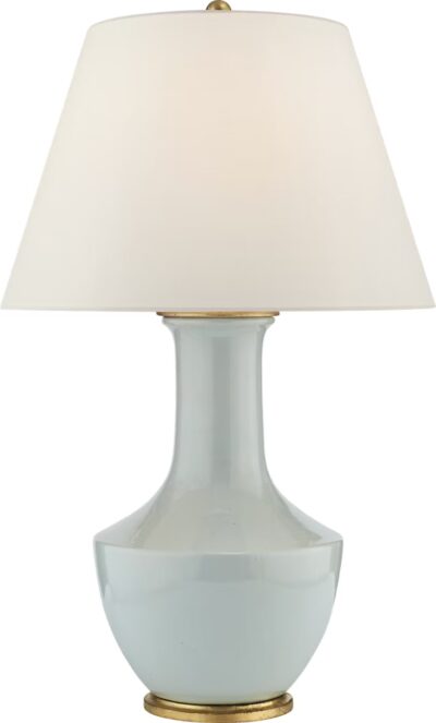 Pale blue porcelain Savannah table lamp with linen shade.
