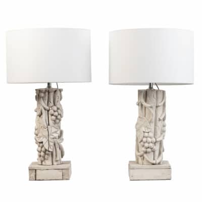 Pair of ornate table lamps with carved grapevine motif, vintage French design, circa 1900.