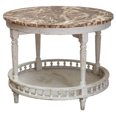 Round tabletop with faux marble finish.
