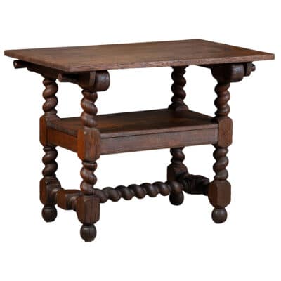 Antique French Oak Barley Twist Table, Close-up of Side Profile Showcasing Distinctive Legs and Stretcher Design.