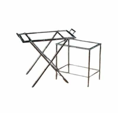 Set of Two Vintage Tray Side Tables, Faux Bamboo Nickel Finish, Glass Tops, Larger Tea Table Removable Tray, Smaller Rectangle, Close-up View