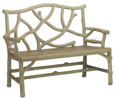 A brown and white concrete bench with intricate woodland design and natural color variations in a showroom setting.