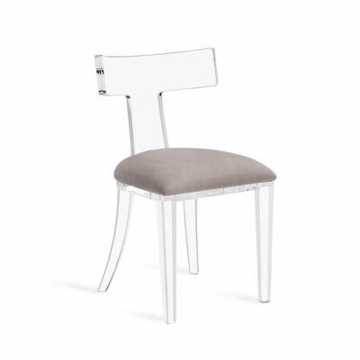 Close-up of Margot Acrylic Klismos Chair in grey velvet with metal frame.