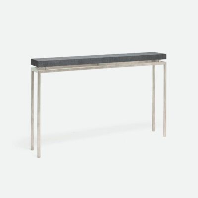 Small, modern console table with black legs and a white top in a clean lined design.