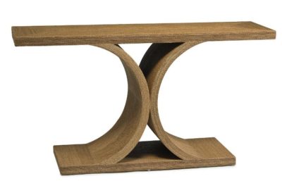 A wooden console table with a curved design, featuring two shelves and a rope wrapped around its base.