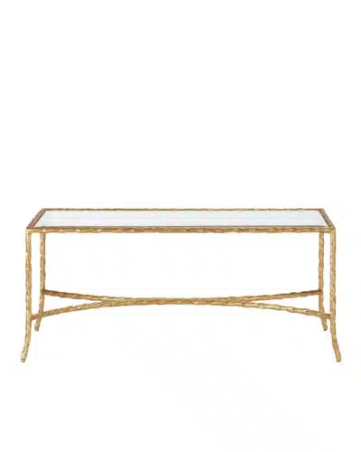 Gilded bronze finish rectangular twist coffee table with glass top.