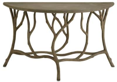 A wooden console table with a curved design and metal mesh frame featuring tree leg stretcher and decorative elements set against a