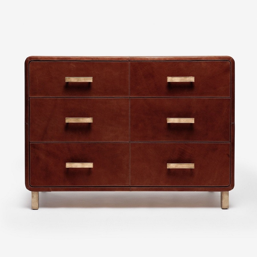 Tedan Leather Dresser with curved edges featuring three drawers and an open bottom finished in highly distressed rustic leather with antiqued gold