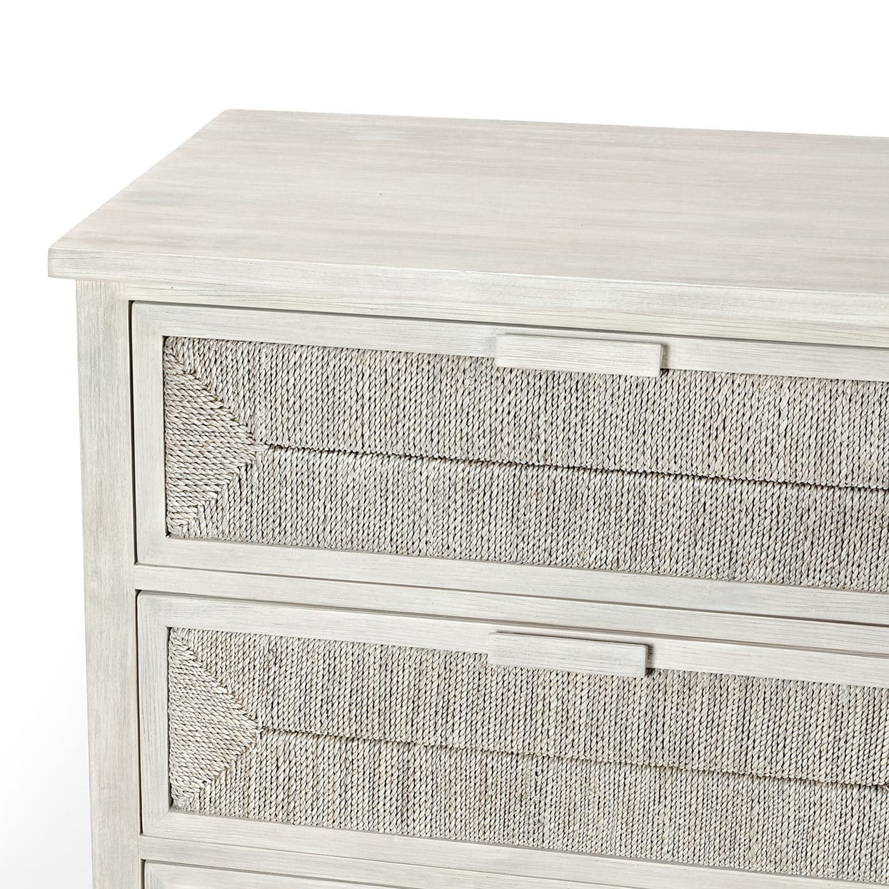 The image shows a Malibu Rope and Wood Dresser with a light brown finish featuring six drawers with rope detailing on the