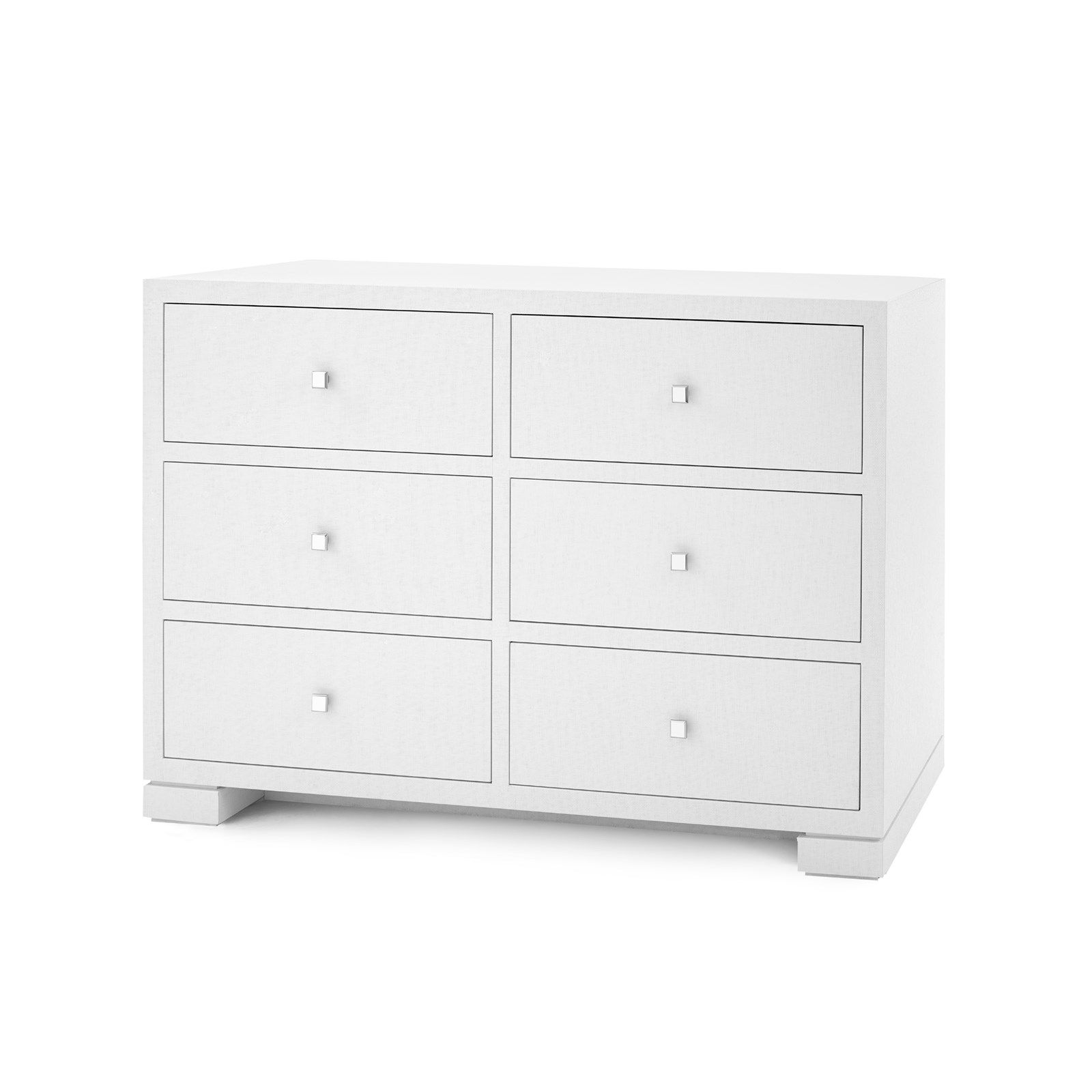 White six drawer dresser with chrome handles and grasscloth finish.