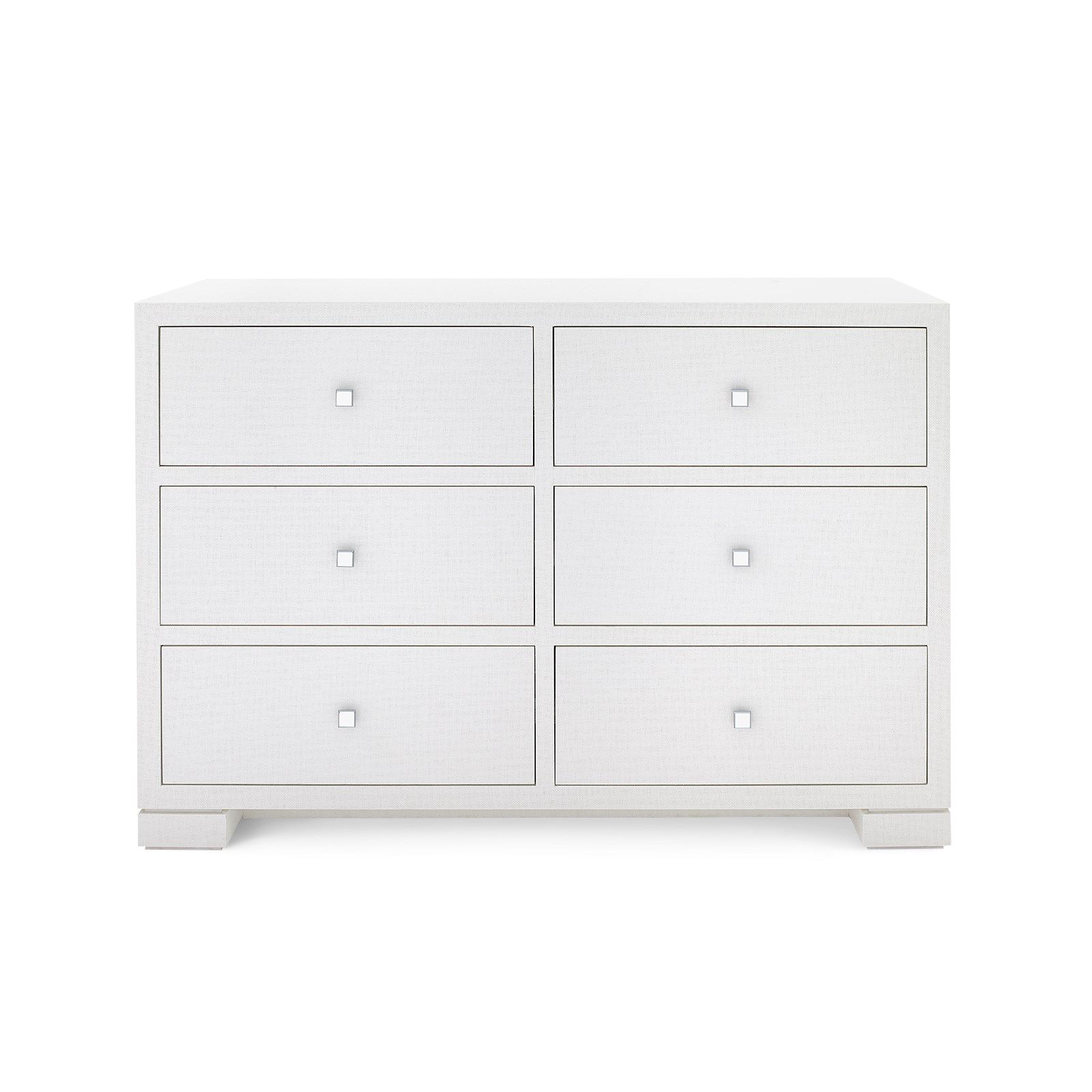Six drawer white lacquered dresser with hand-cast chrome handles and grasscloth texture.