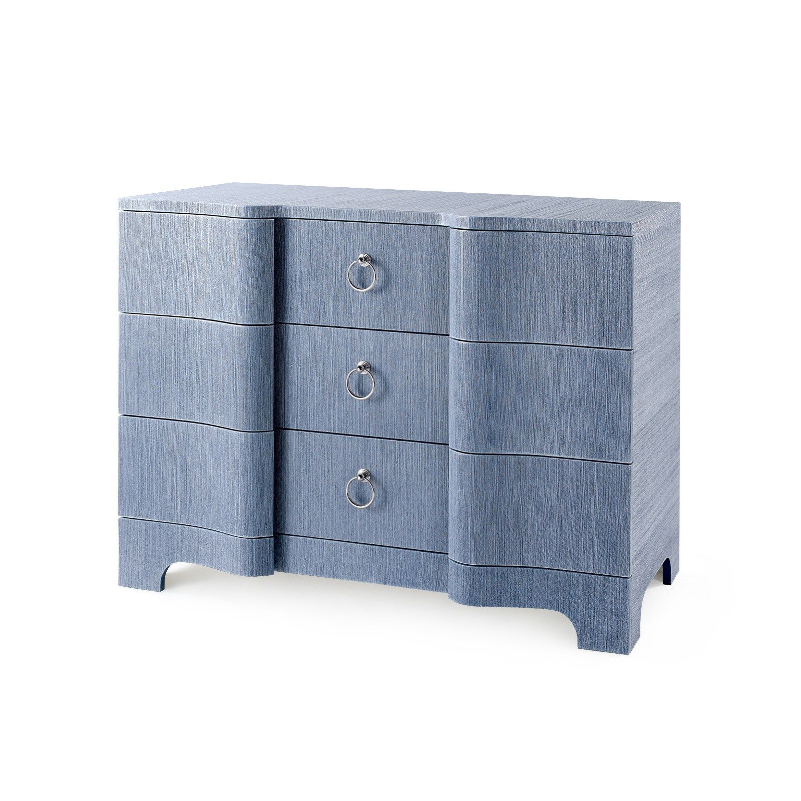 Blue dresser with three drawers and silver ring pulls