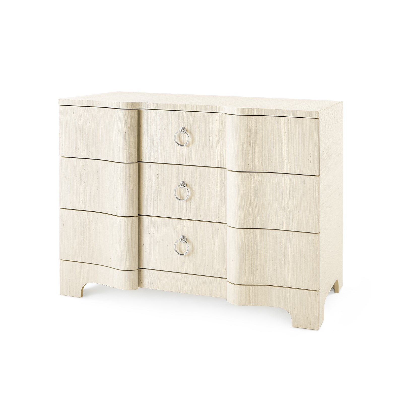 Large, light brown wooden dresser with two silver ring pulls and a natural grasscloth finish.