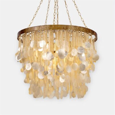 A large ornate chandelier with a drop shell design and beaded details featuring multiple hanging shells and illuminated lights against a white