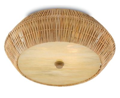Rattan and glass flush mount with two lights, featuring a round shape and a warm ambiance.