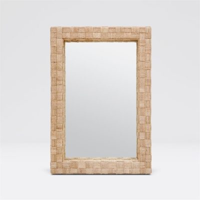 A woven abaca border mirror with a structured basket weave pattern set against a white background The mirror has a rectangular shape