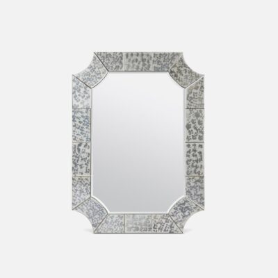 Close-up of Gisbert Venetian Mirror, featuring an elegant cut corner rectangular frame with antiqued mirror accents.