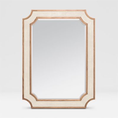A rectangular mirror with a clipped corner design featuring a faux shagreen pattern and an inner and outer frame with wood banding