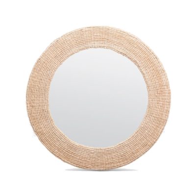 Round woven abaca rope mirror with a reflective silver center.