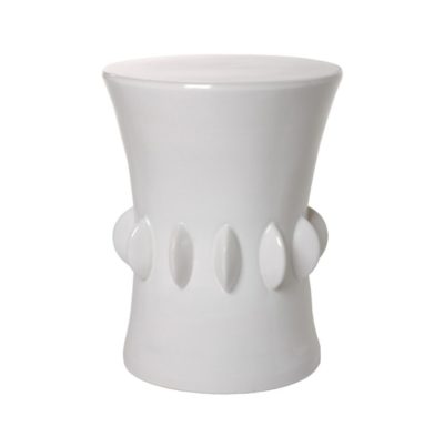 Spoked ceramic garden stool on display, with a close-up view highlighting its unique texture and glaze pitting.