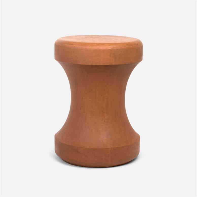Outdoor chess piece stool in light gray, rust or verdigris finish.