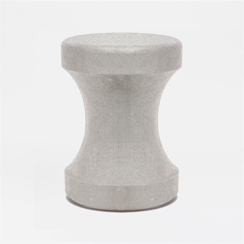 Outdoor concrete chess piece stool, light gray finish with aged patina.