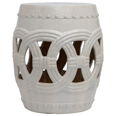 Close-up of white circle garden stool showcasing unique texture and hand glaze imperfections.