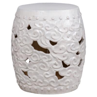 Round white ceramic stool with intricate cloud design, each piece unique in color and texture.