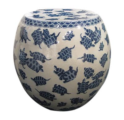 Blue and white porcelain stool with turtle motif, hand painted, outdoor suitable, unique texture and glaze pitting, small imperfections, each piece varies