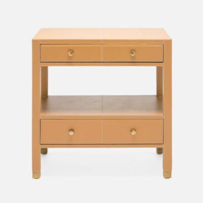Close-up of Sean Leather Double Nightstand in Aged Camel, featuring two drawers with gold tone pulls.