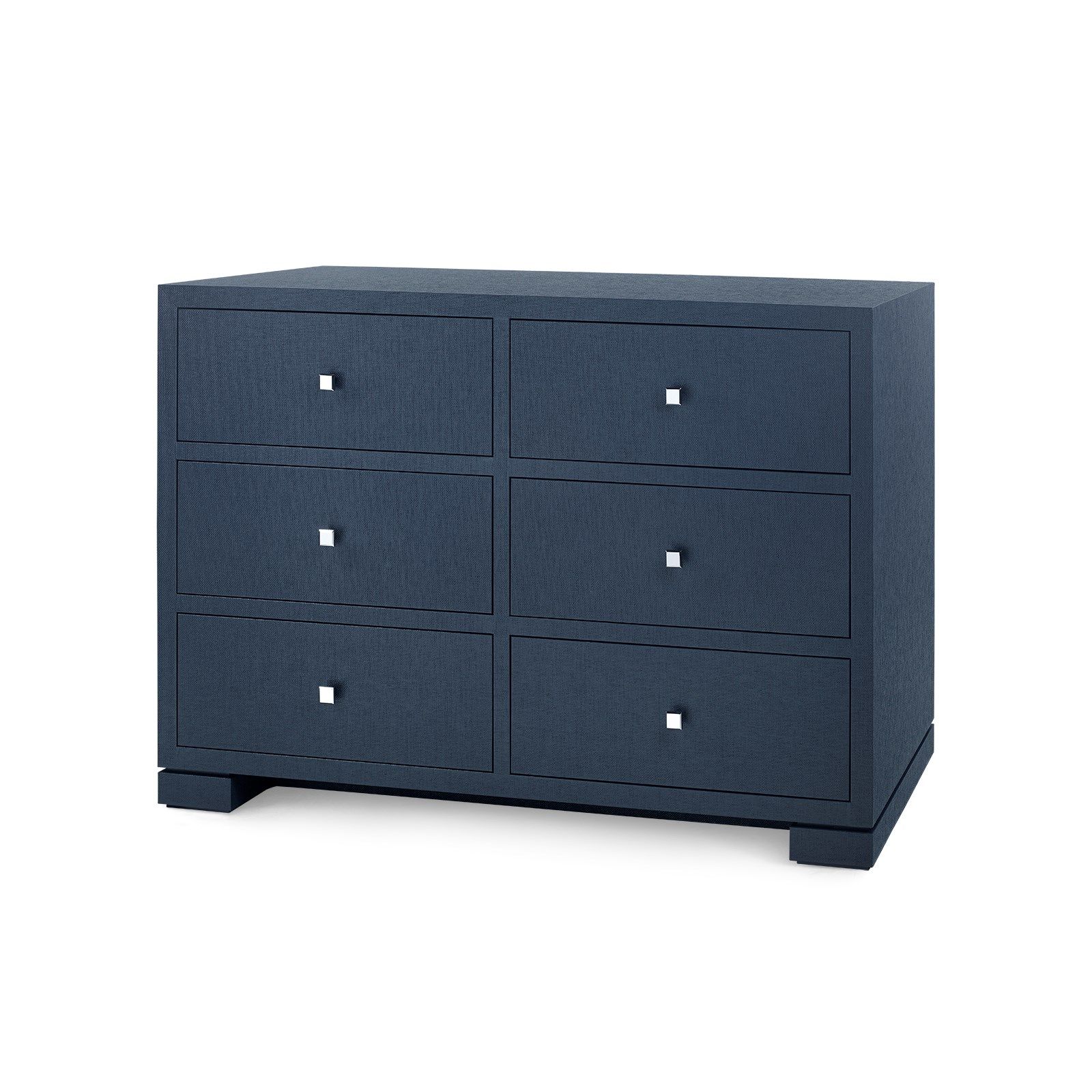 Six-drawer navy blue Freeport dresser with hand-cast chrome handles, presented against a white background.
