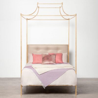 Carissa Grand Canopy Top Four Poster Metal Bed in Nile Stone Fabric with Gold Finish, Queen Size, showcasing luxurious design and elegance