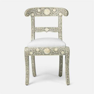 Elegant Rajasthan-style chair with bone inlay design and a high back, upholstered in white fabric.