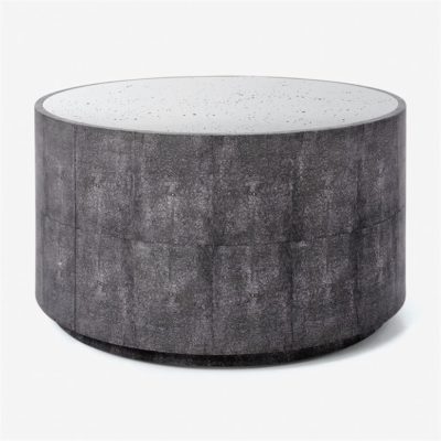 The image features a modern round coffee table with a unique gray faux shagreen top It has an antiqued mirror finish that