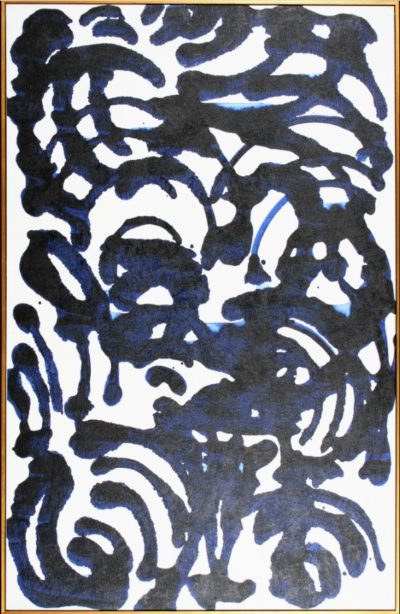 A reproduction art piece in a gold frame featuring a hand-embellished canvas with an abstract design that includes swirls and swooshes painted