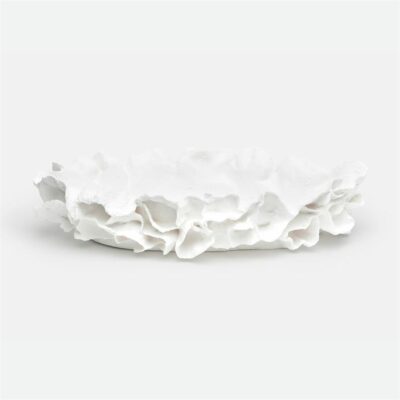 Large white oval coral tray with silver trim, presented against a plain background.