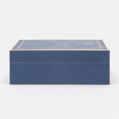 Blue box with brass and walnut trim on display, showcasing the product's design and color options.
