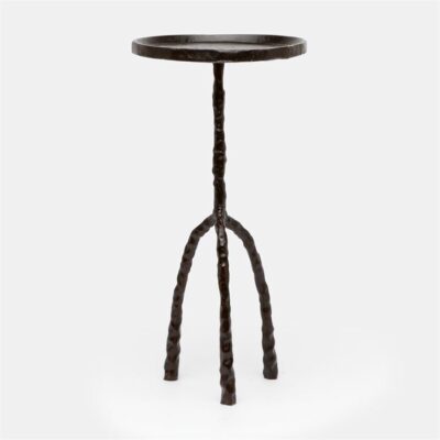 Black metal side table with three legs and a round top.