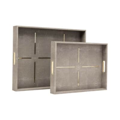 Stylish rectangular tray with faux shagreen texture in black, featuring brass insets.