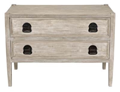 Front view of Lorna Reclaimed Fir Nightstand in grey wash wax finish with bronze hardware.
