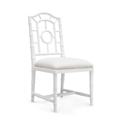 White chinoiserie lacquer side chair with a linen seat, available in white or navy finishes.