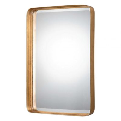 The image displays a rectangular, wall-mounted mirror with an antiqued gold frame and strap attachment.