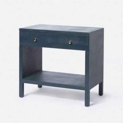 Blue Marta Faux Linen Nightstand with two drawers and a shelf, showcasing its dark navy finish and modern design.