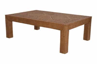 Woven diamond motif coffee table with top and sides in a woven texture.